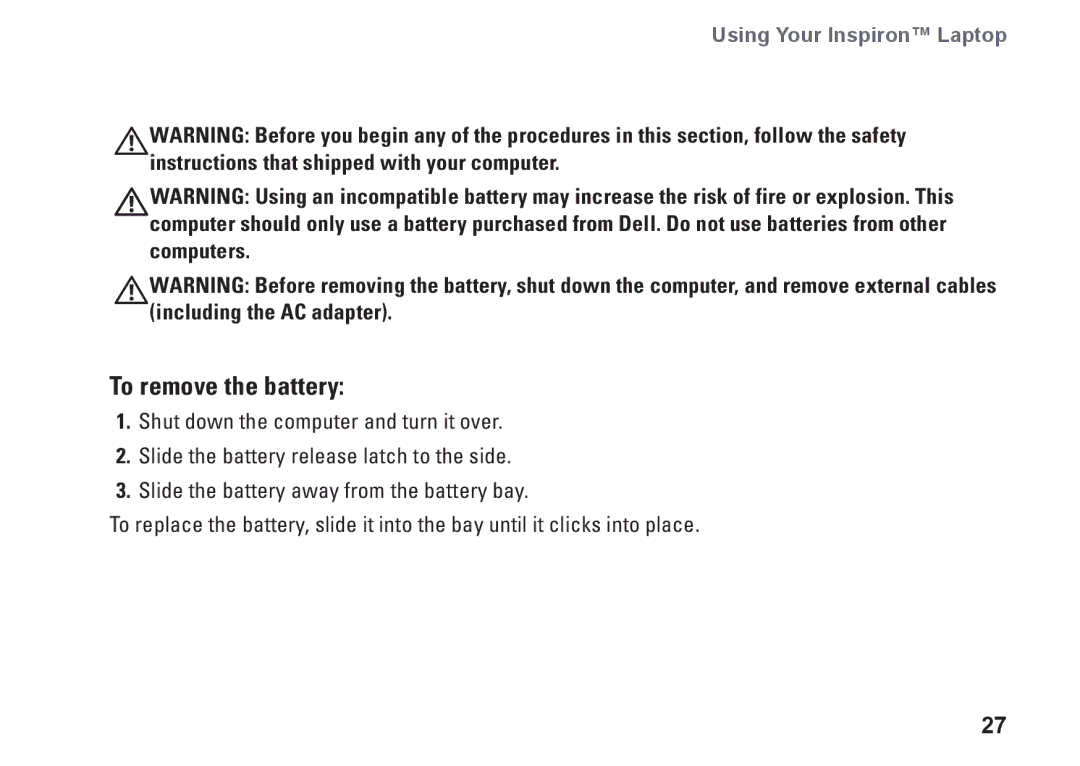 Dell PP42L, 1440, M792N setup guide To remove the battery 