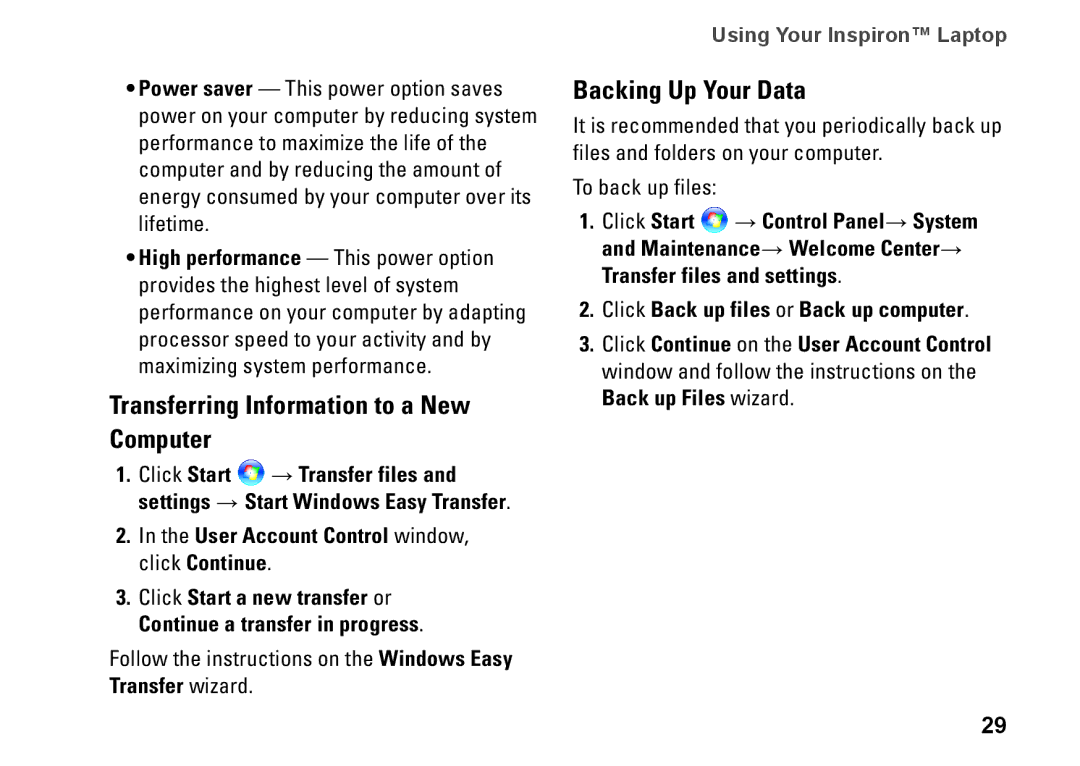 Dell M792N Transferring Information to a New Computer, Backing Up Your Data, User Account Control window, click Continue 