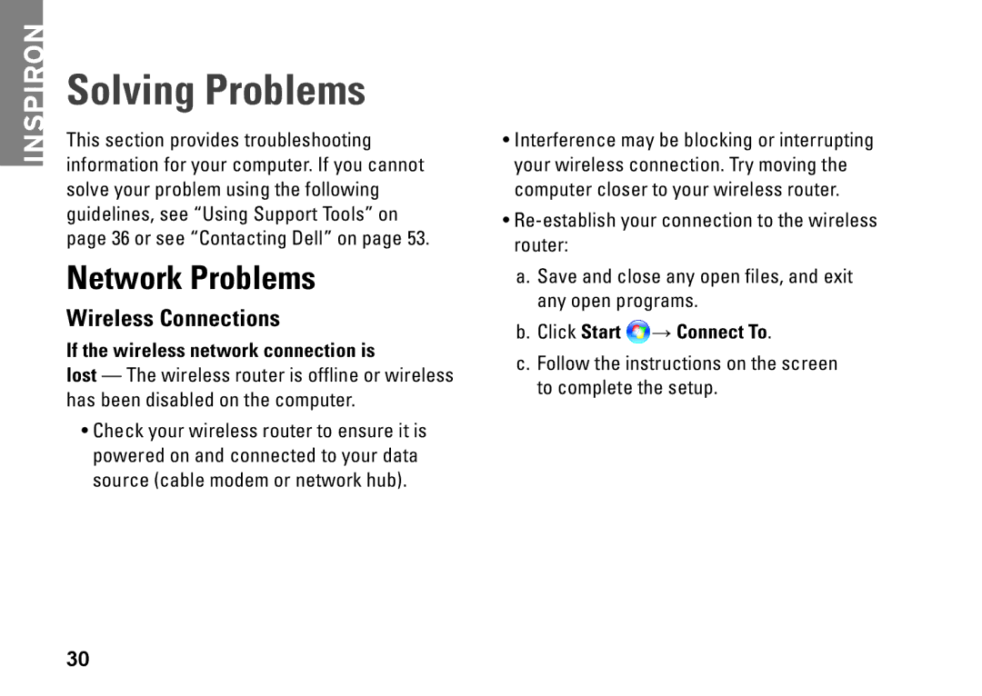 Dell PP42L, 1440, M792N Solving Problems, Network Problems, Wireless Connections, If the wireless network connection is 