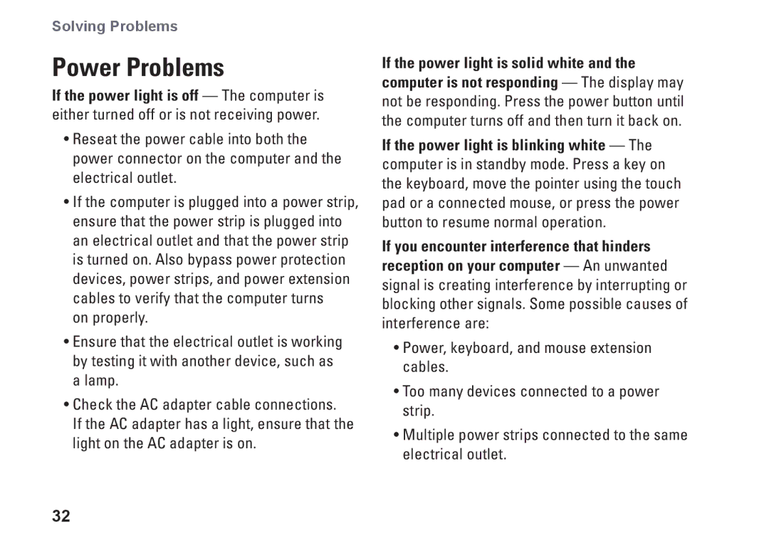 Dell M792N, 1440, PP42L setup guide Power Problems 