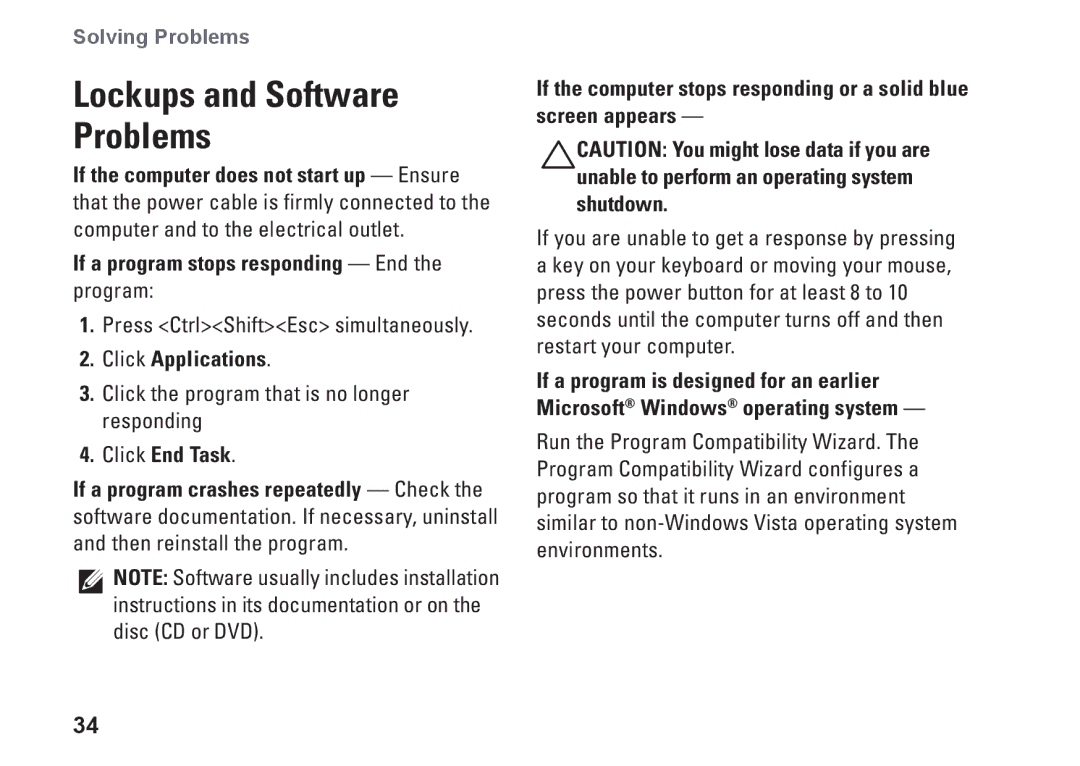 Dell 1440, M792N, PP42L setup guide If a program stops responding End the program, Click Applications, Click End Task 