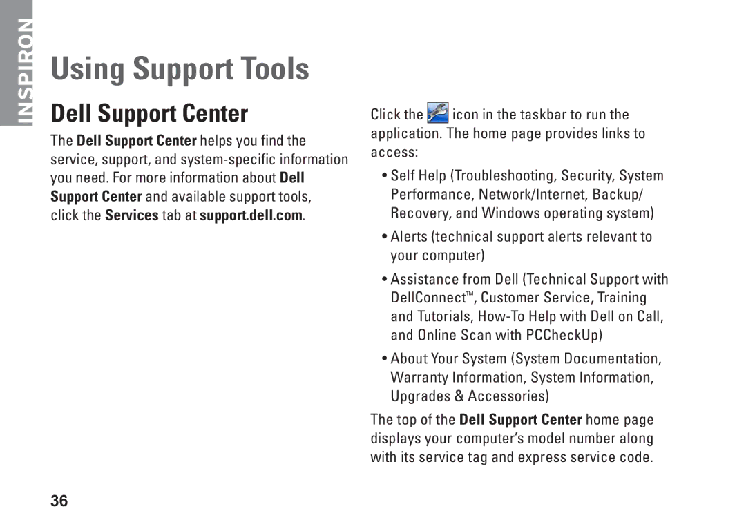 Dell PP42L, 1440, M792N setup guide Using Support Tools, Dell Support Center 