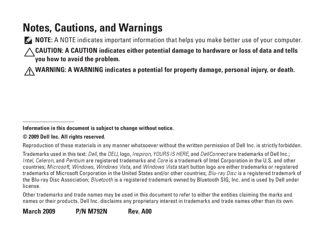 Dell 1440, PP42L setup guide March 2009 P/N M792N Rev. A00 