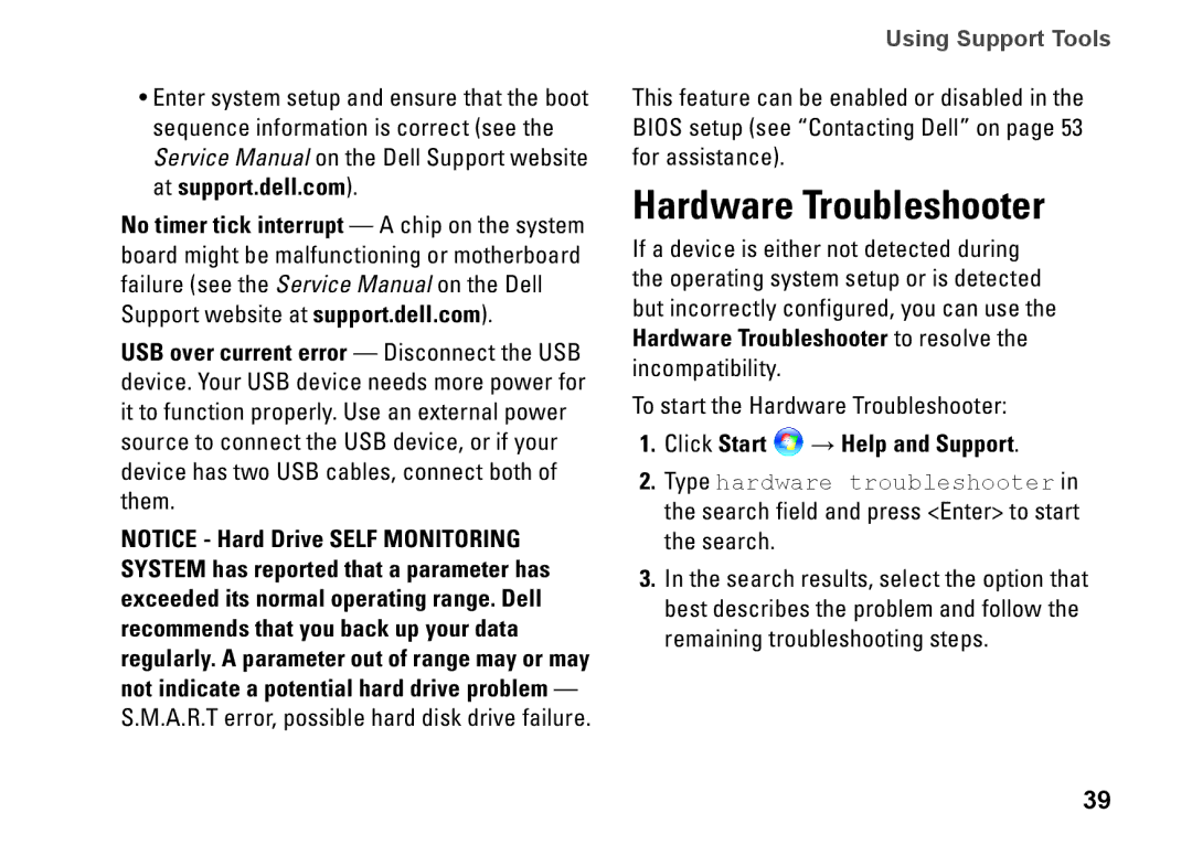 Dell PP42L, 1440, M792N setup guide Hardware Troubleshooter, Click Start → Help and Support 