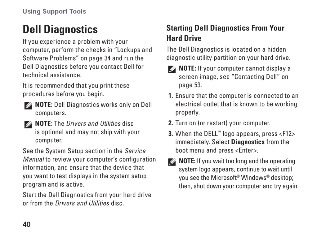 Dell 1440, M792N, PP42L setup guide Starting Dell Diagnostics From Your Hard Drive 