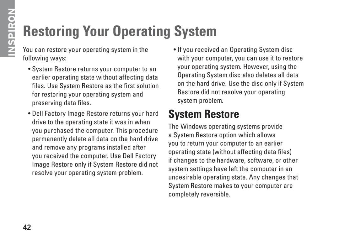 Dell PP42L, 1440, M792N setup guide Restoring Your Operating System, System Restore 