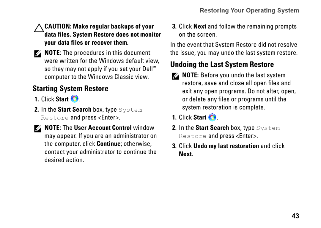 Dell 1440, M792N Starting System Restore, Undoing the Last System Restore, Click Undo my last restoration and click Next 