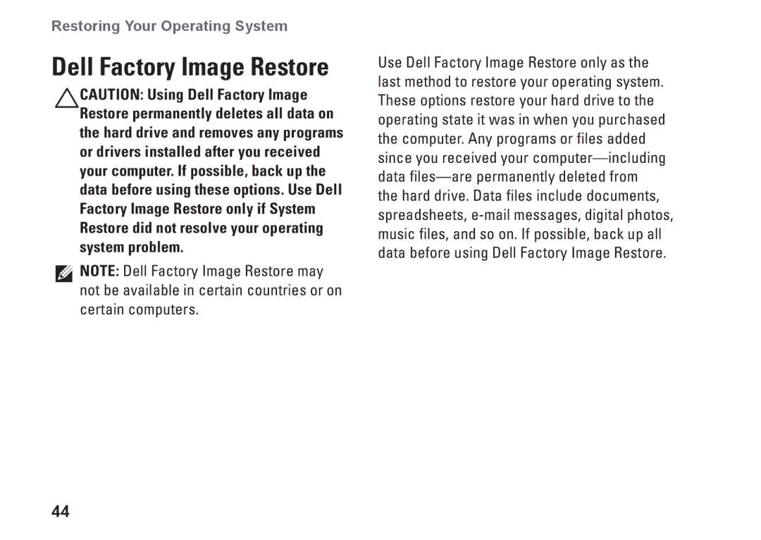 Dell M792N, 1440, PP42L setup guide Dell Factory Image Restore 