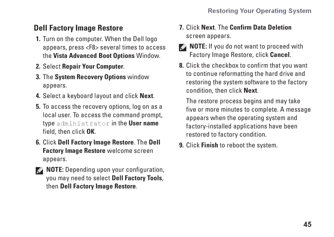 Dell PP42L, 1440, M792N setup guide Dell Factory Image Restore, Click Next. The Confirm Data Deletion screen appears 