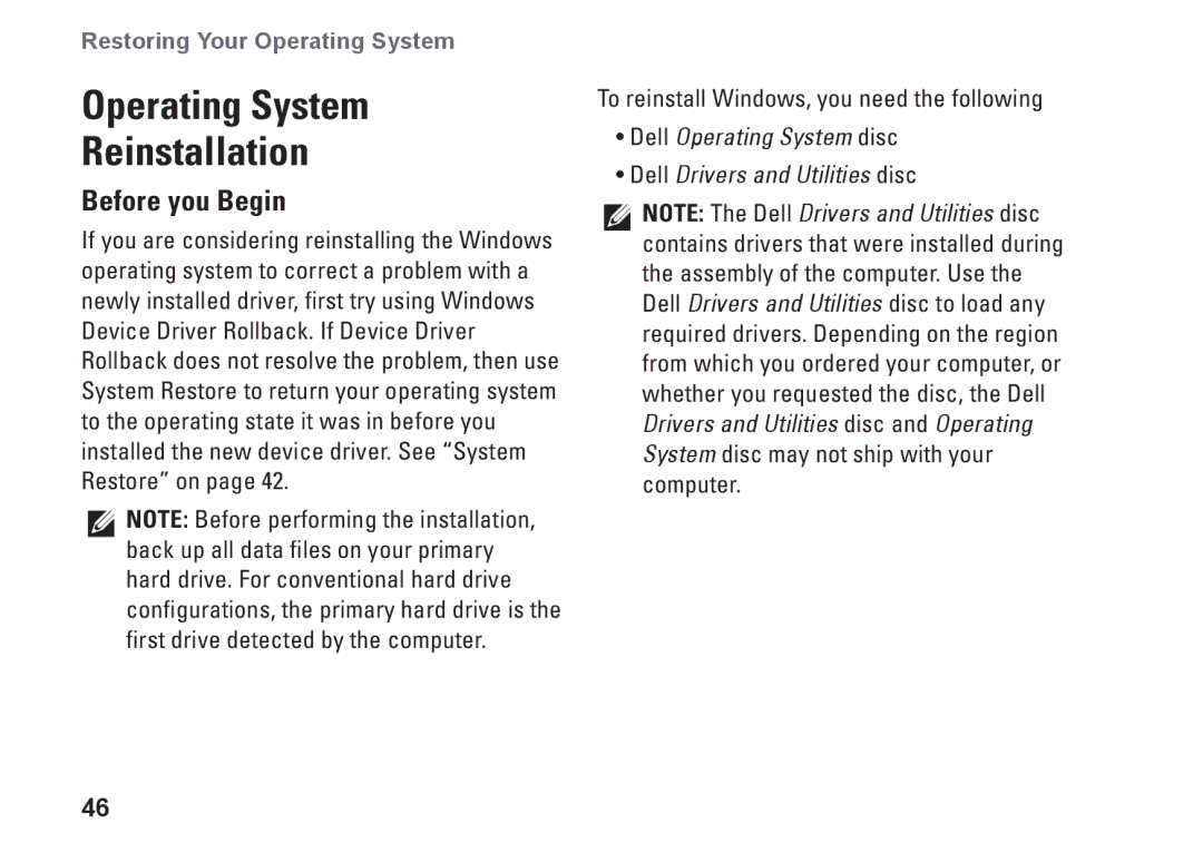 Dell 1440, M792N, PP42L setup guide Operating System Reinstallation, Before you Begin 