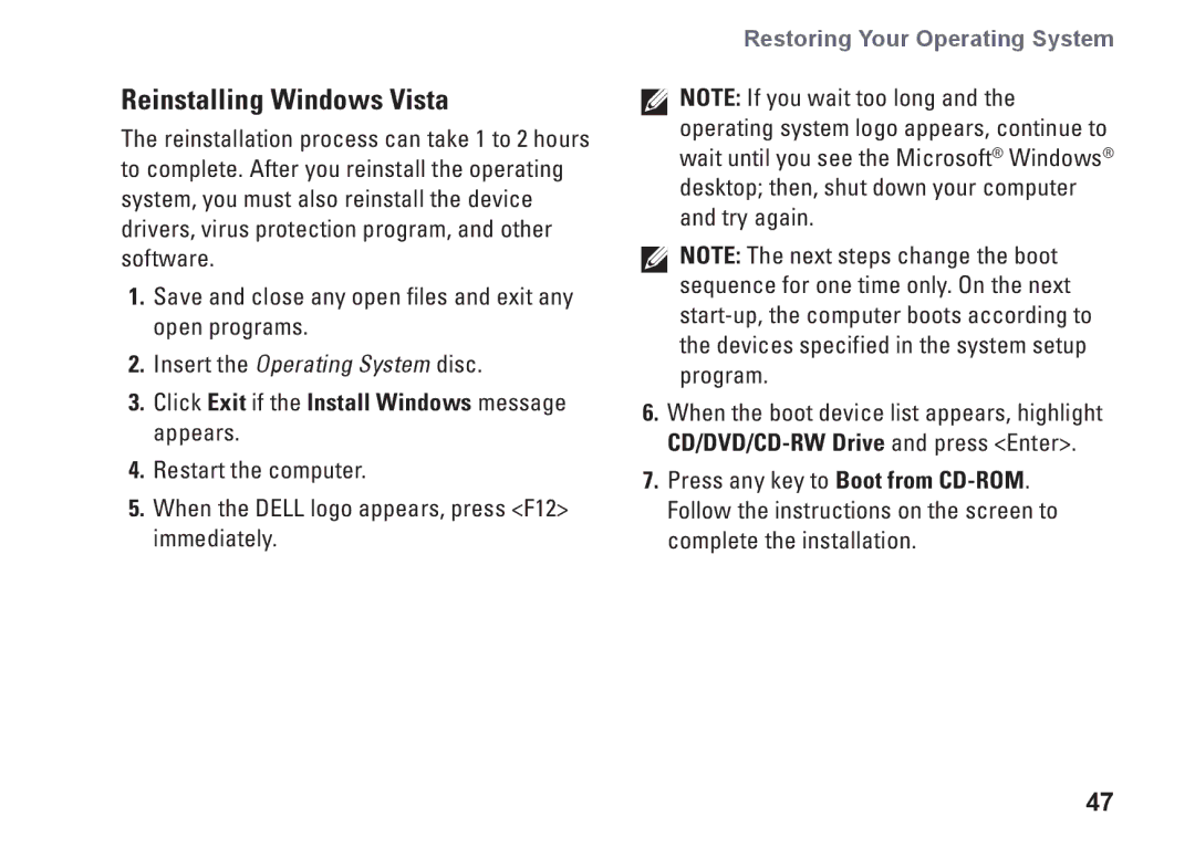 Dell M792N, 1440, PP42L setup guide Reinstalling Windows Vista, Click Exit if the Install Windows message appears 