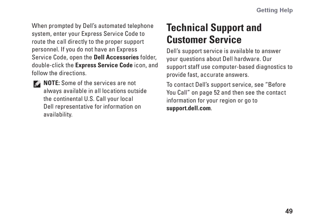 Dell 1440, M792N, PP42L setup guide Technical Support and Customer Service 