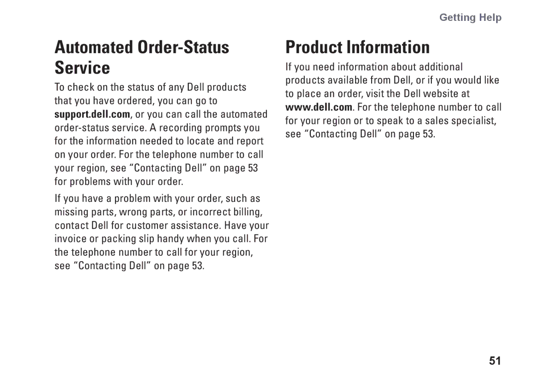 Dell PP42L, 1440, M792N setup guide Product Information, Automated Order-Status Service 