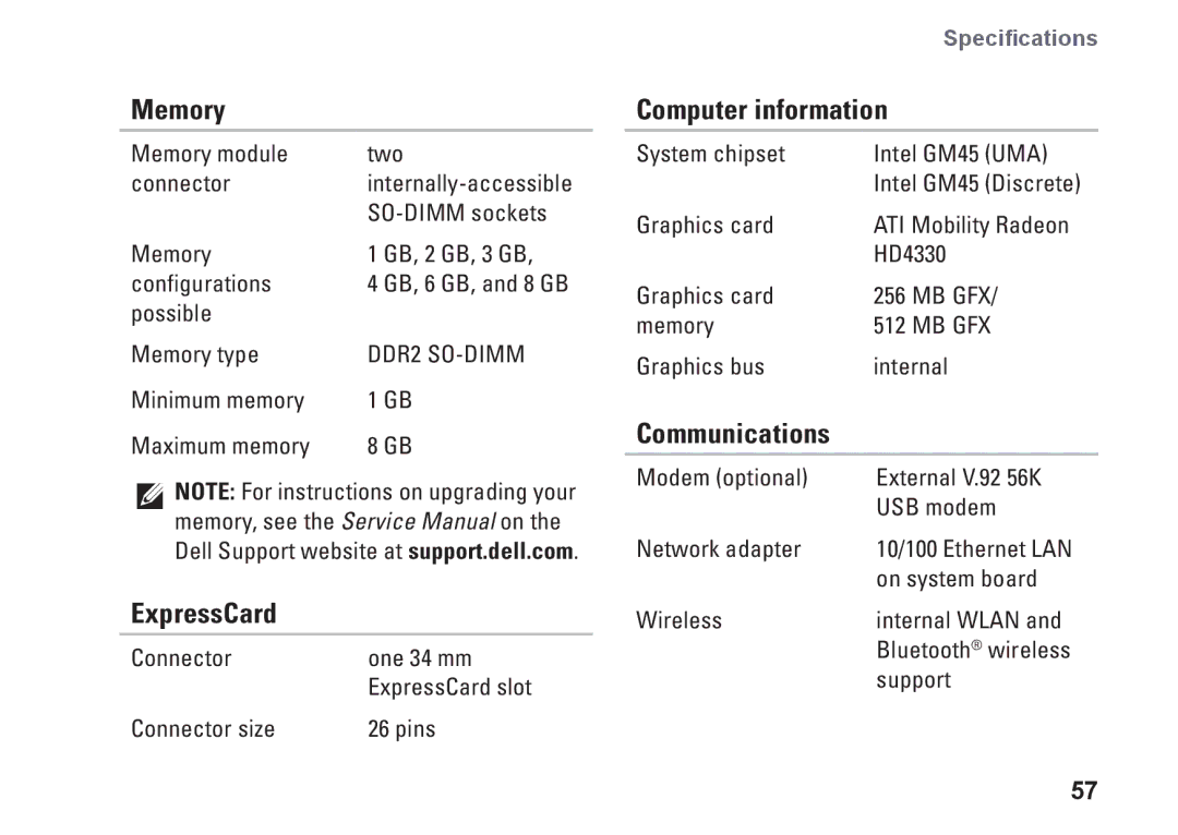 Dell PP42L, 1440, M792N setup guide Memory, ExpressCard, Computer information, Communications 