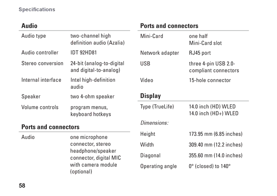 Dell 1440, M792N, PP42L setup guide Audio, Ports and connectors, Display 