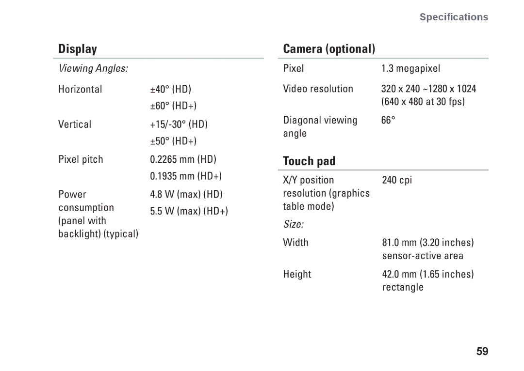 Dell M792N, 1440, PP42L setup guide Touch pad, Viewing Angles 