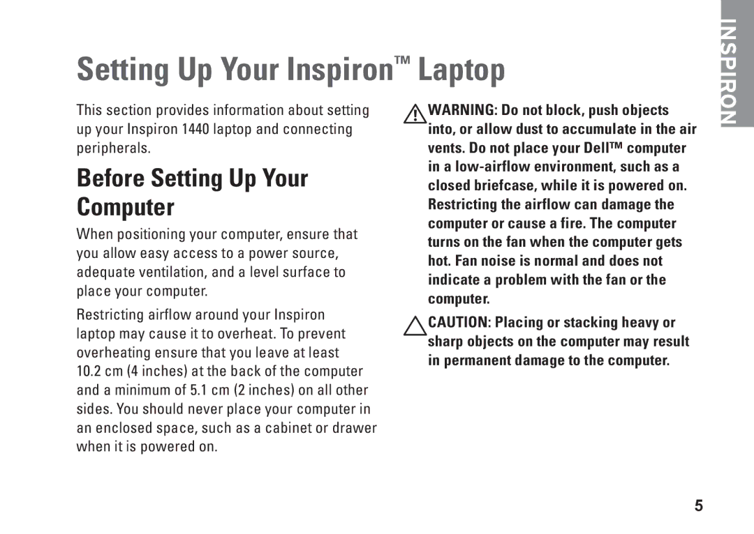 Dell M792N, 1440, PP42L setup guide Setting Up Your Inspiron Laptop, Before Setting Up Your Computer 