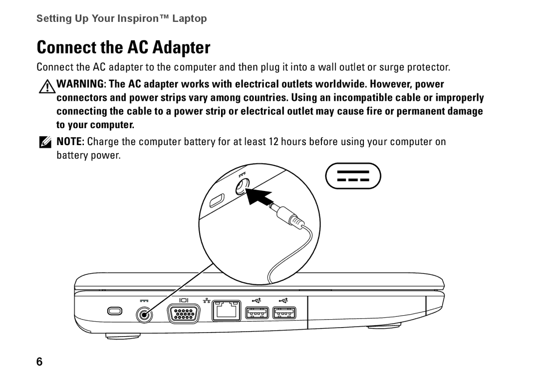 Dell PP42L, 1440, M792N setup guide Connect the AC Adapter 