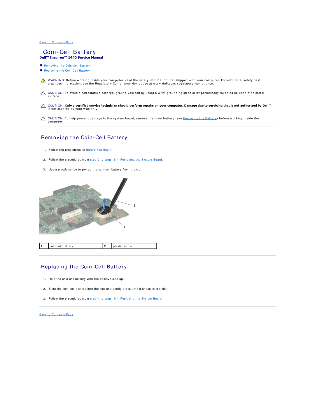 Dell 1440 manual Removing the Coin-Cell Battery, Replacing the Coin-Cell Battery 