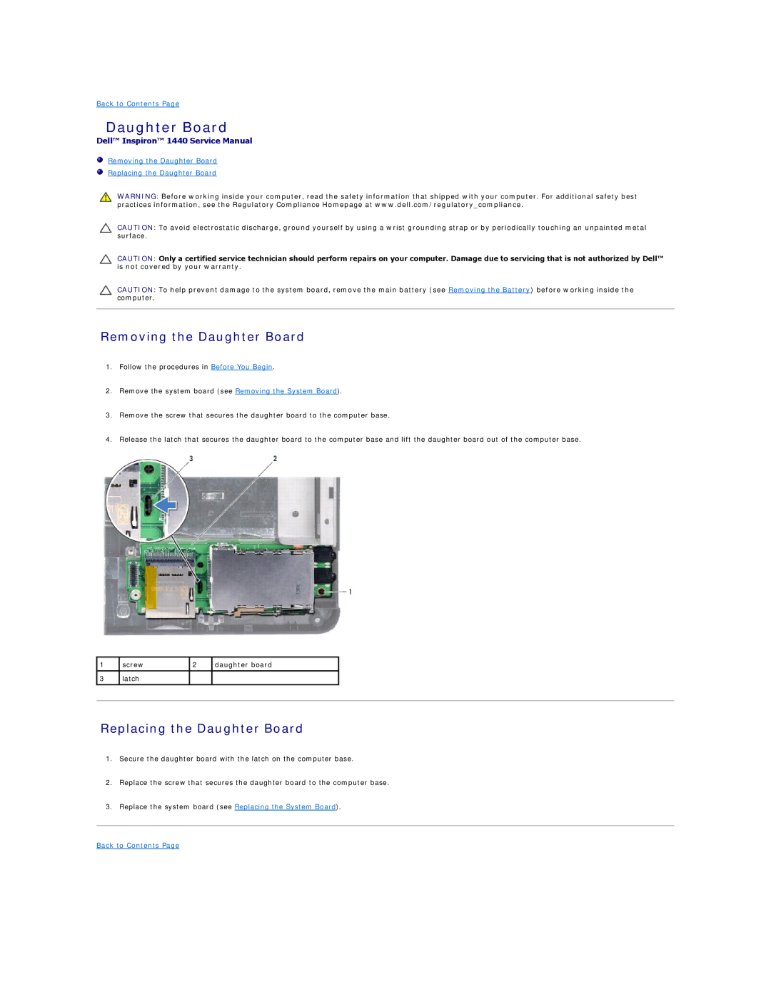 Dell 1440 manual Removing the Daughter Board, Replacing the Daughter Board 