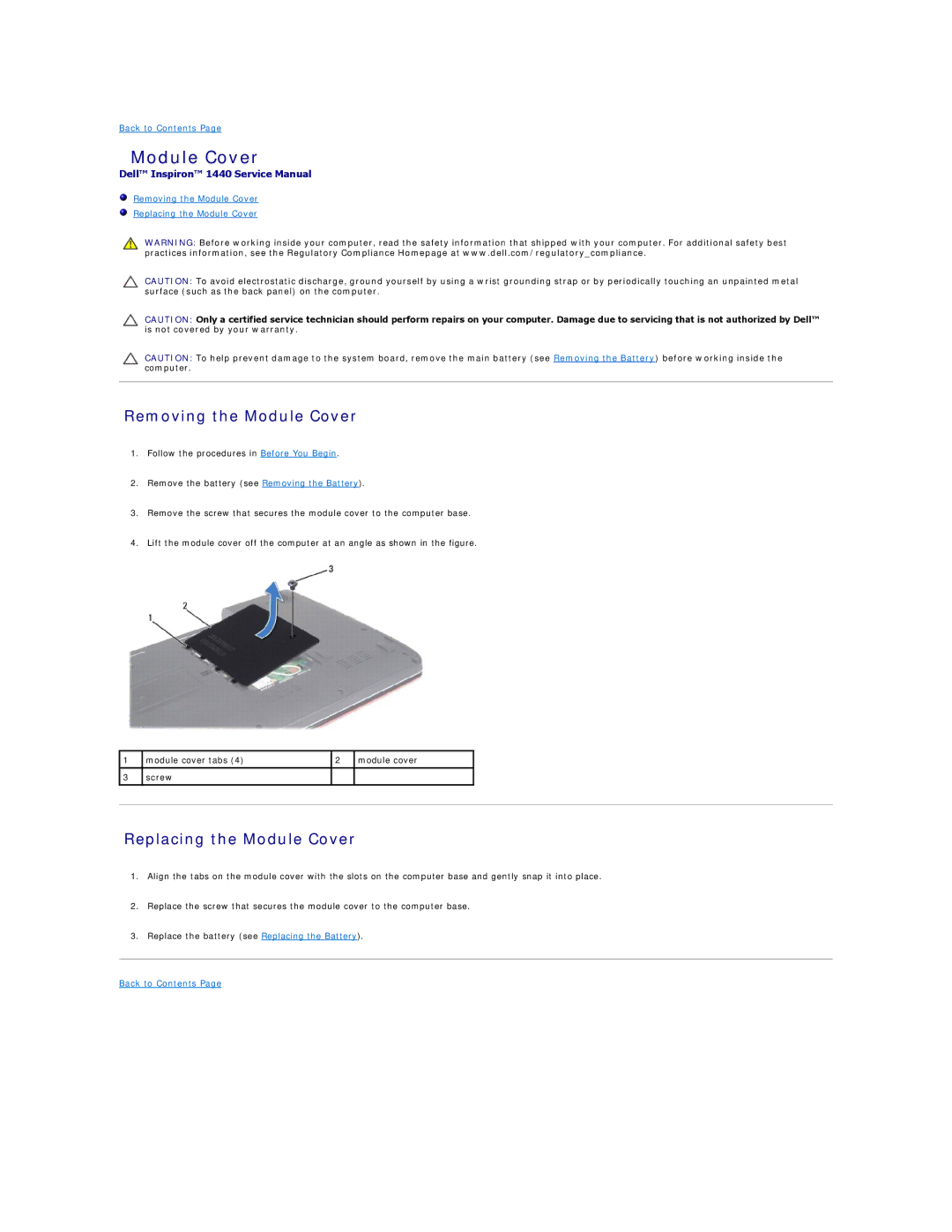 Dell 1440 manual Removing the Module Cover, Replacing the Module Cover 