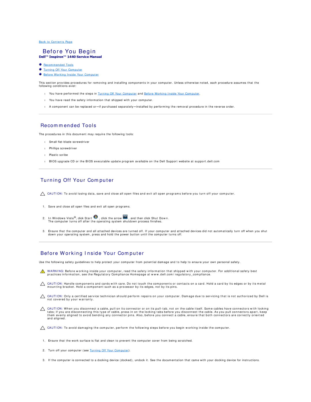 Dell 1440 manual Before You Begin, Recommended Tools, Turning Off Your Computer, Before Working Inside Your Computer 