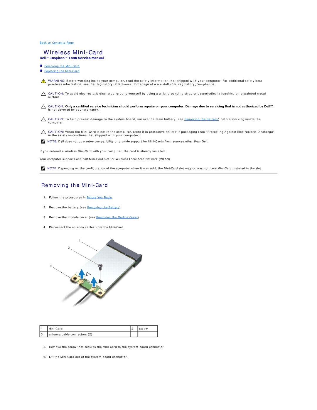 Dell 1440 manual Wireless Mini-Card, Removing the Mini-Card 