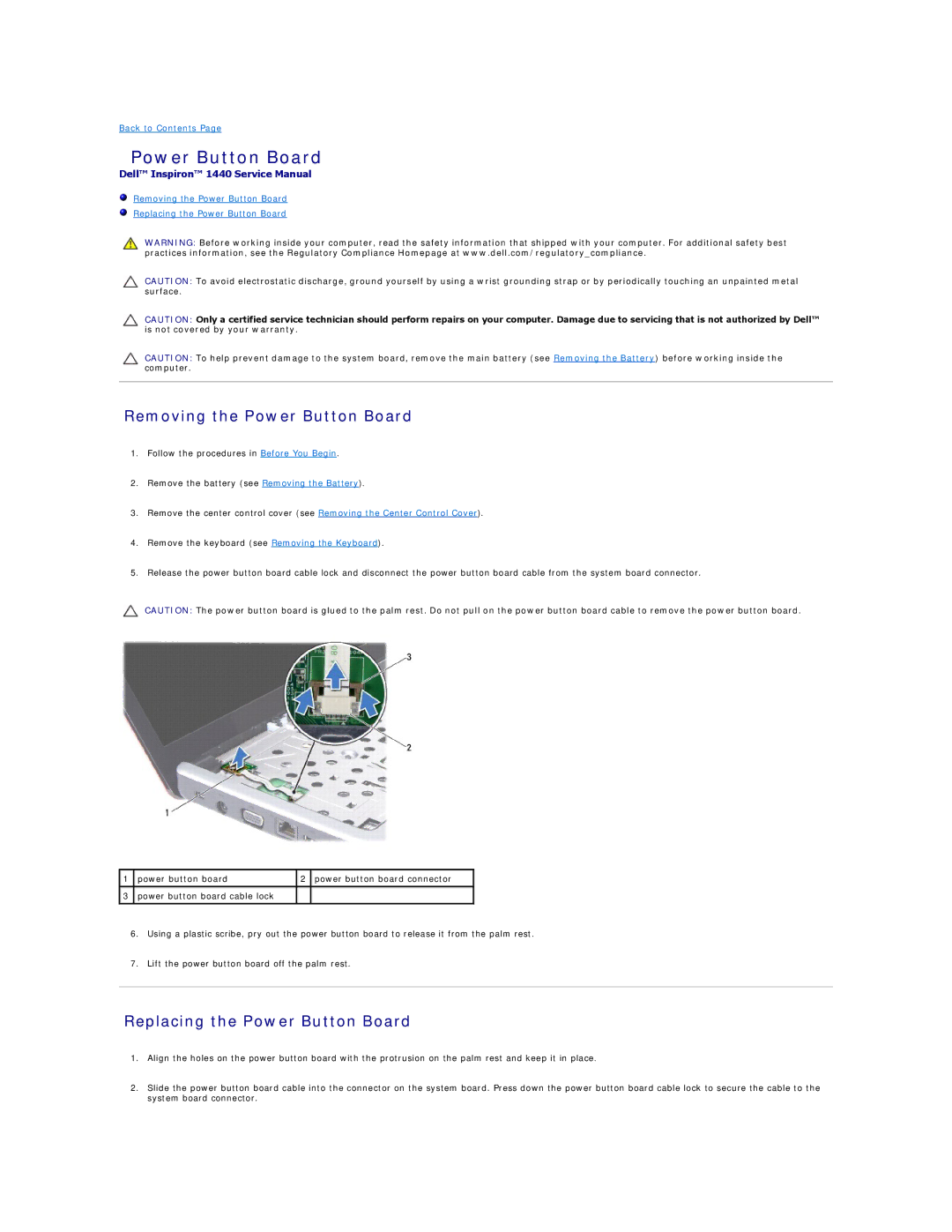 Dell 1440 manual Removing the Power Button Board, Replacing the Power Button Board 
