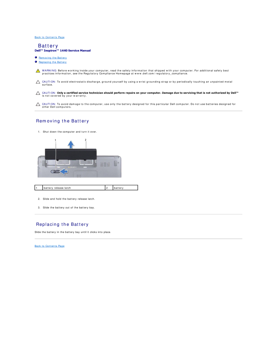 Dell 1440 manual Removing the Battery, Replacing the Battery 