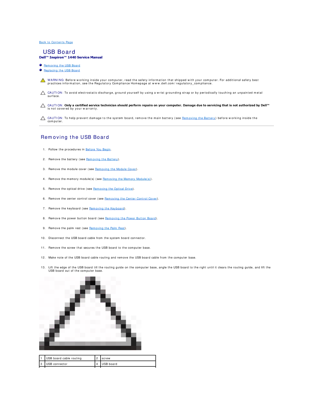 Dell 1440 manual Removing the USB Board 