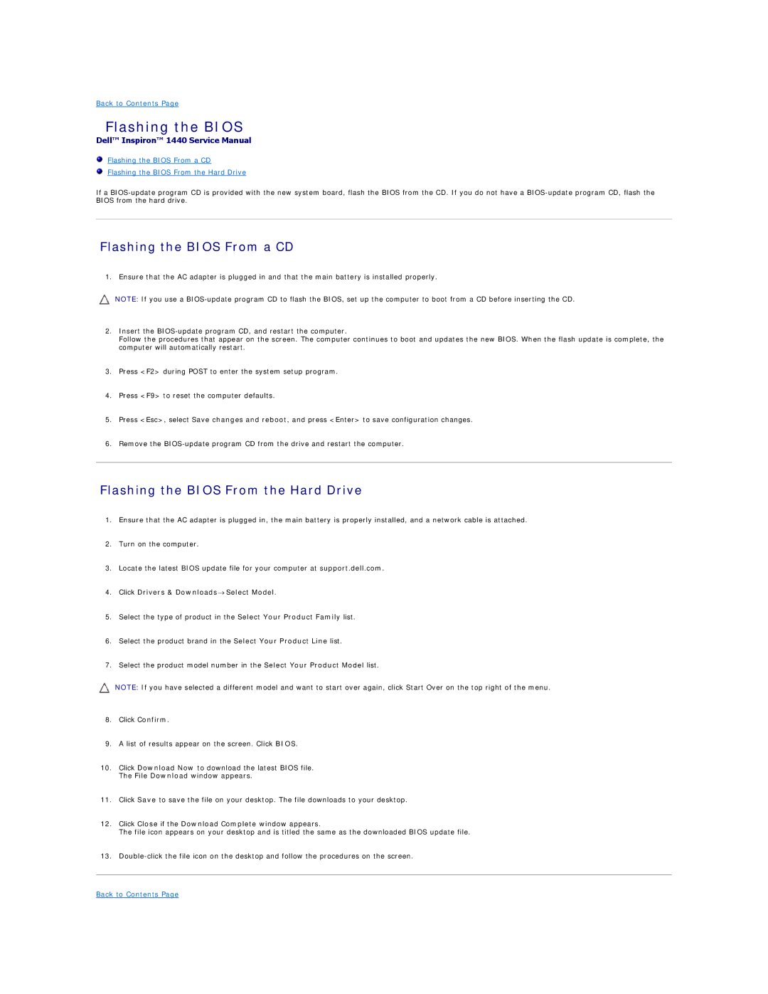 Dell 1440 manual Flashing the Bios From a CD, Flashing the Bios From the Hard Drive 