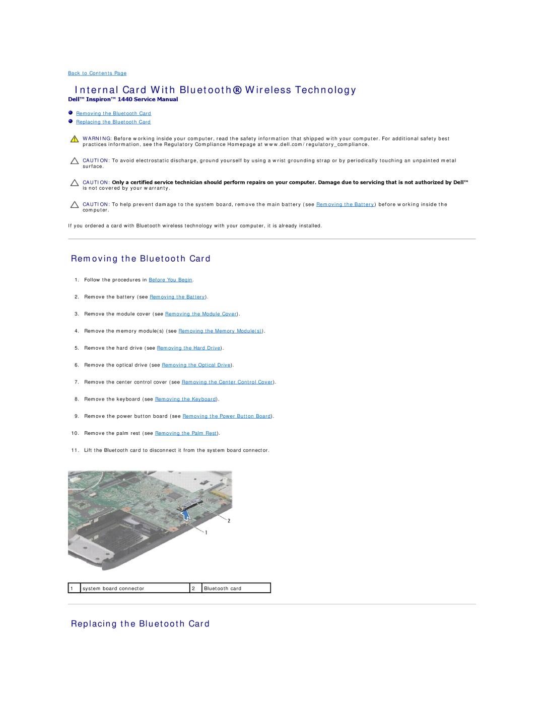 Dell 1440 Internal Card With Bluetooth Wireless Technology, Removing the Bluetooth Card, Replacing the Bluetooth Card 