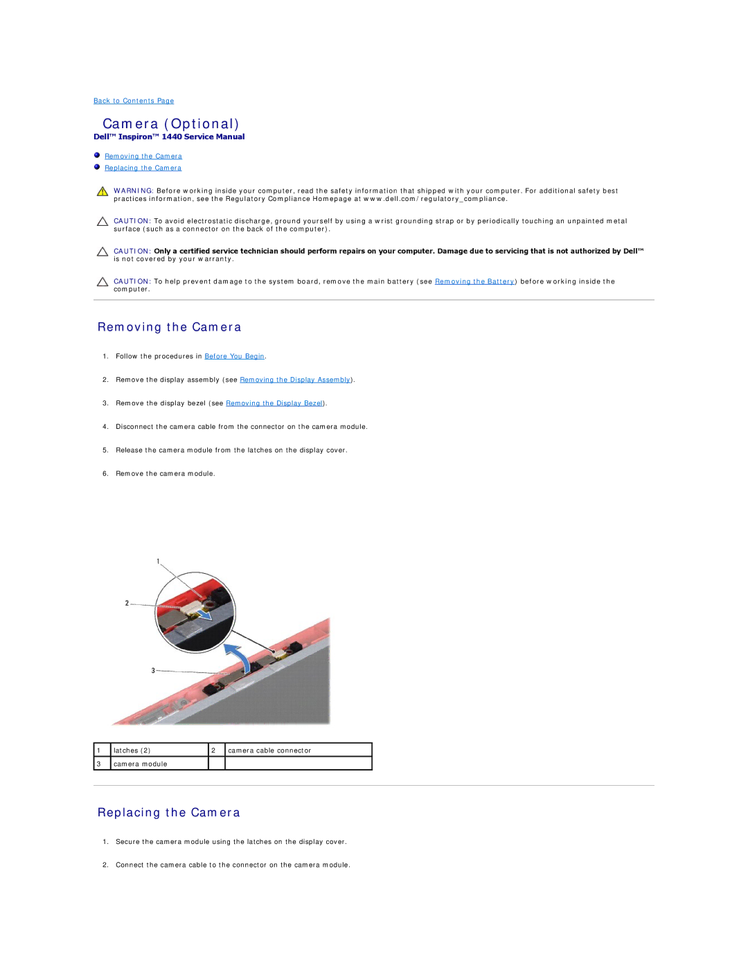 Dell 1440 manual Camera Optional, Removing the Camera, Replacing the Camera 