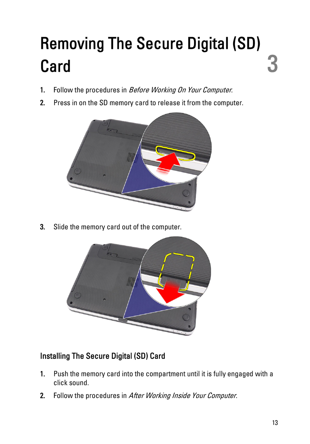 Dell 1440, 1450 owner manual Installing The Secure Digital SD Card 