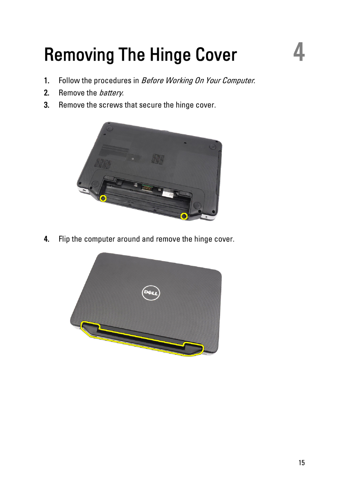 Dell 1440, 1450 owner manual Removing The Hinge Cover 