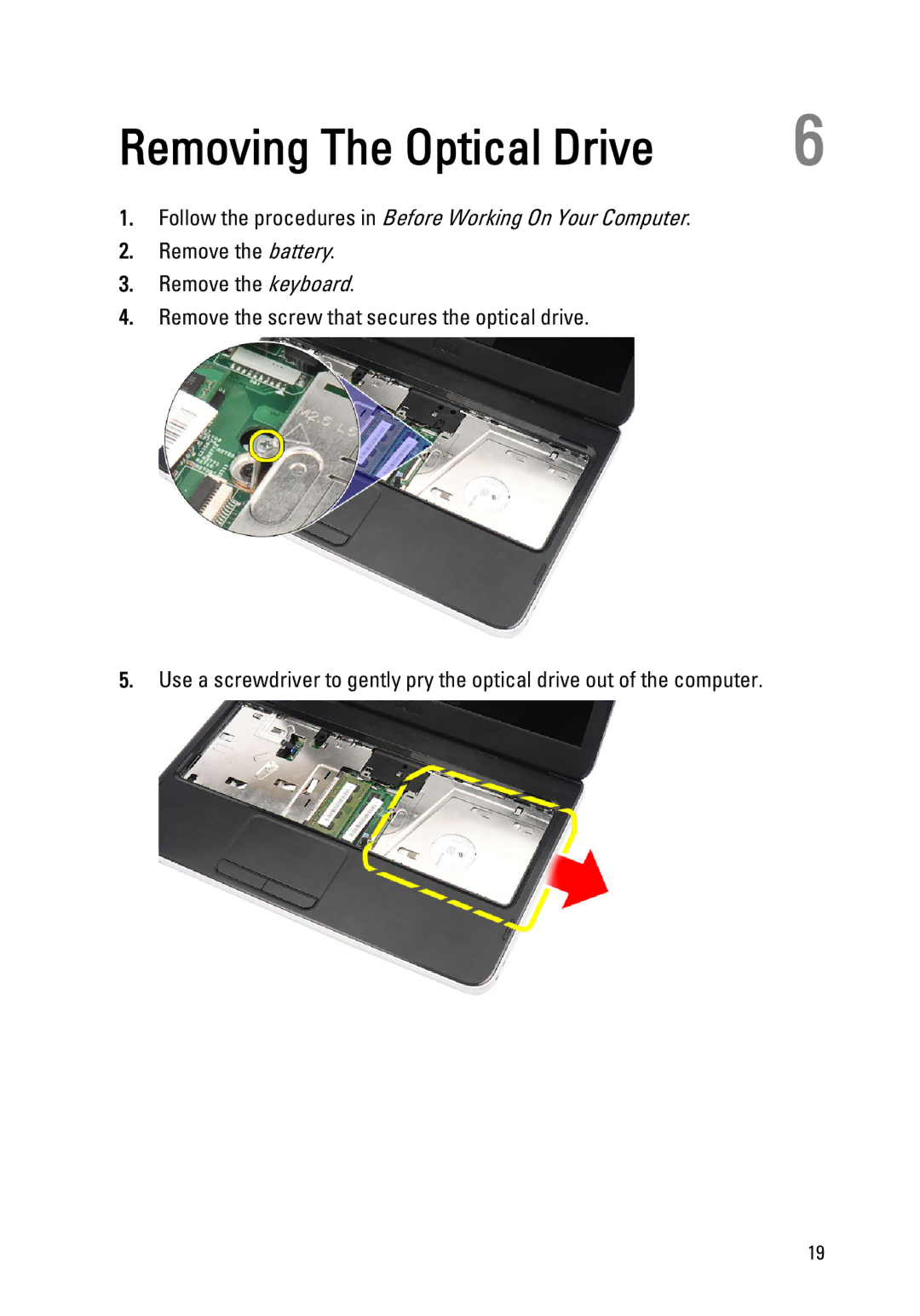 Dell 1440, 1450 owner manual Removing The Optical Drive 