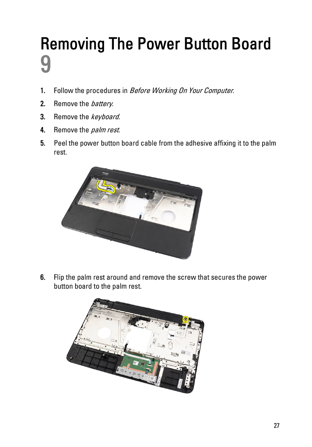 Dell 1440, 1450 owner manual Removing The Power Button Board 