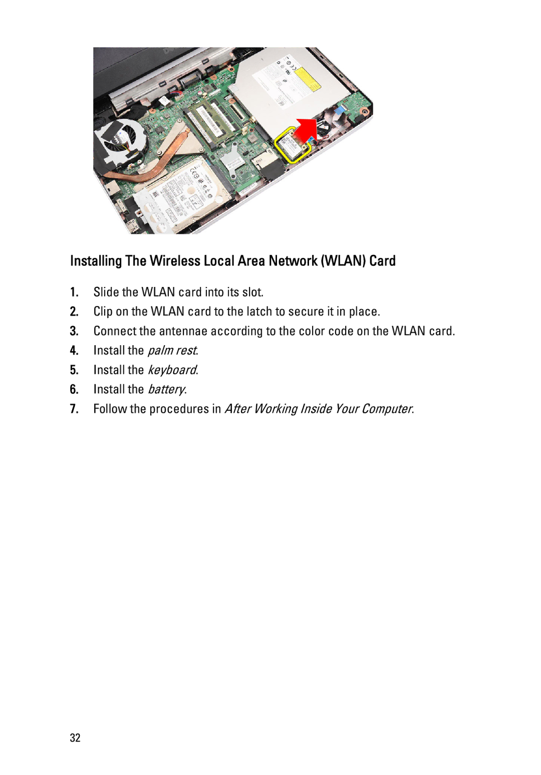 Dell 1450, 1440 owner manual Installing The Wireless Local Area Network Wlan Card 