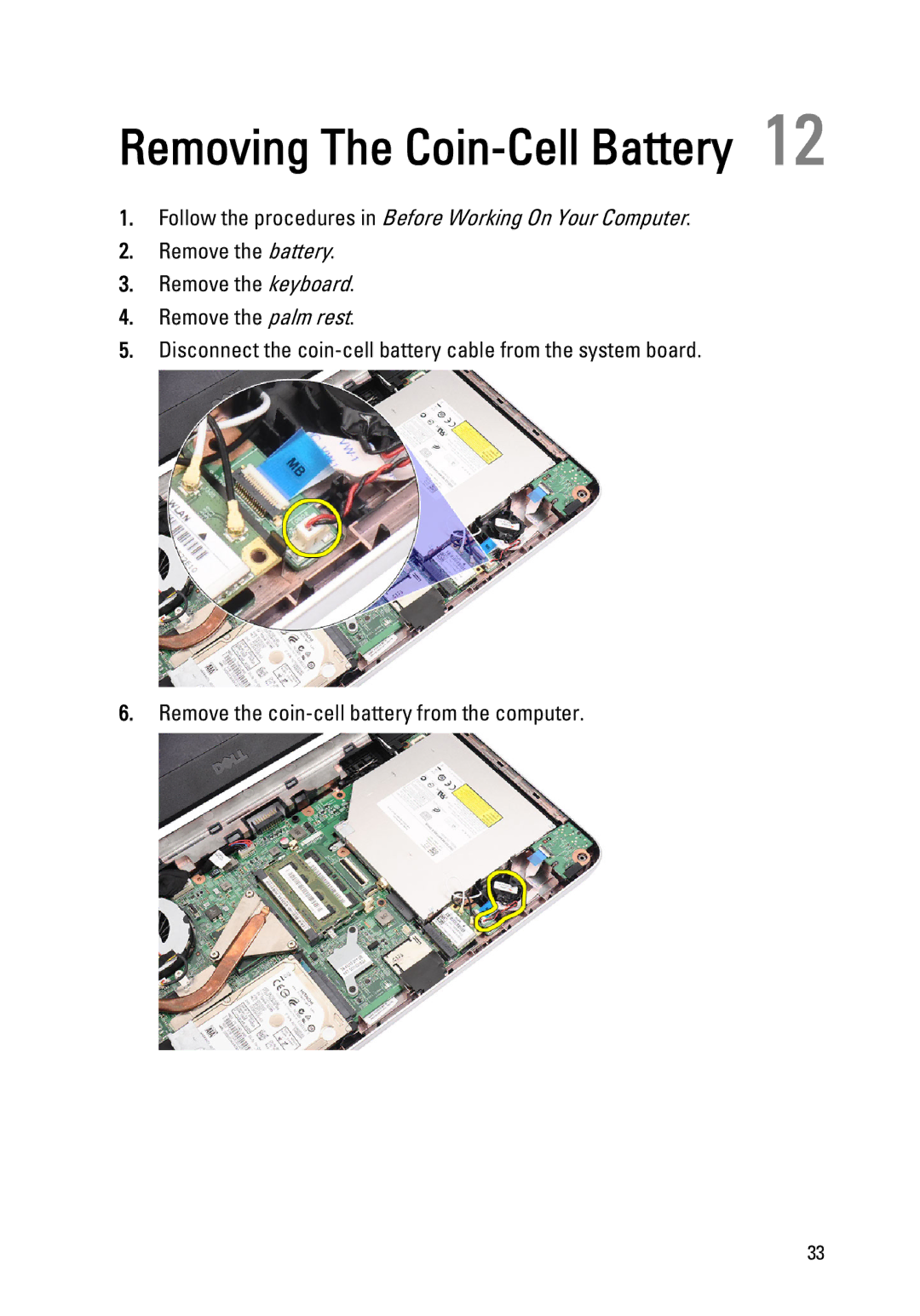 Dell 1440, 1450 owner manual Removing The Coin-Cell Battery 