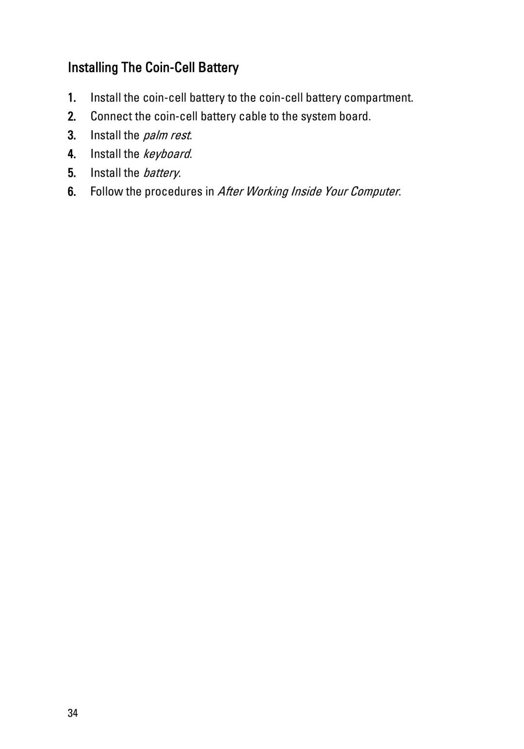 Dell 1450, 1440 owner manual Installing The Coin-Cell Battery 