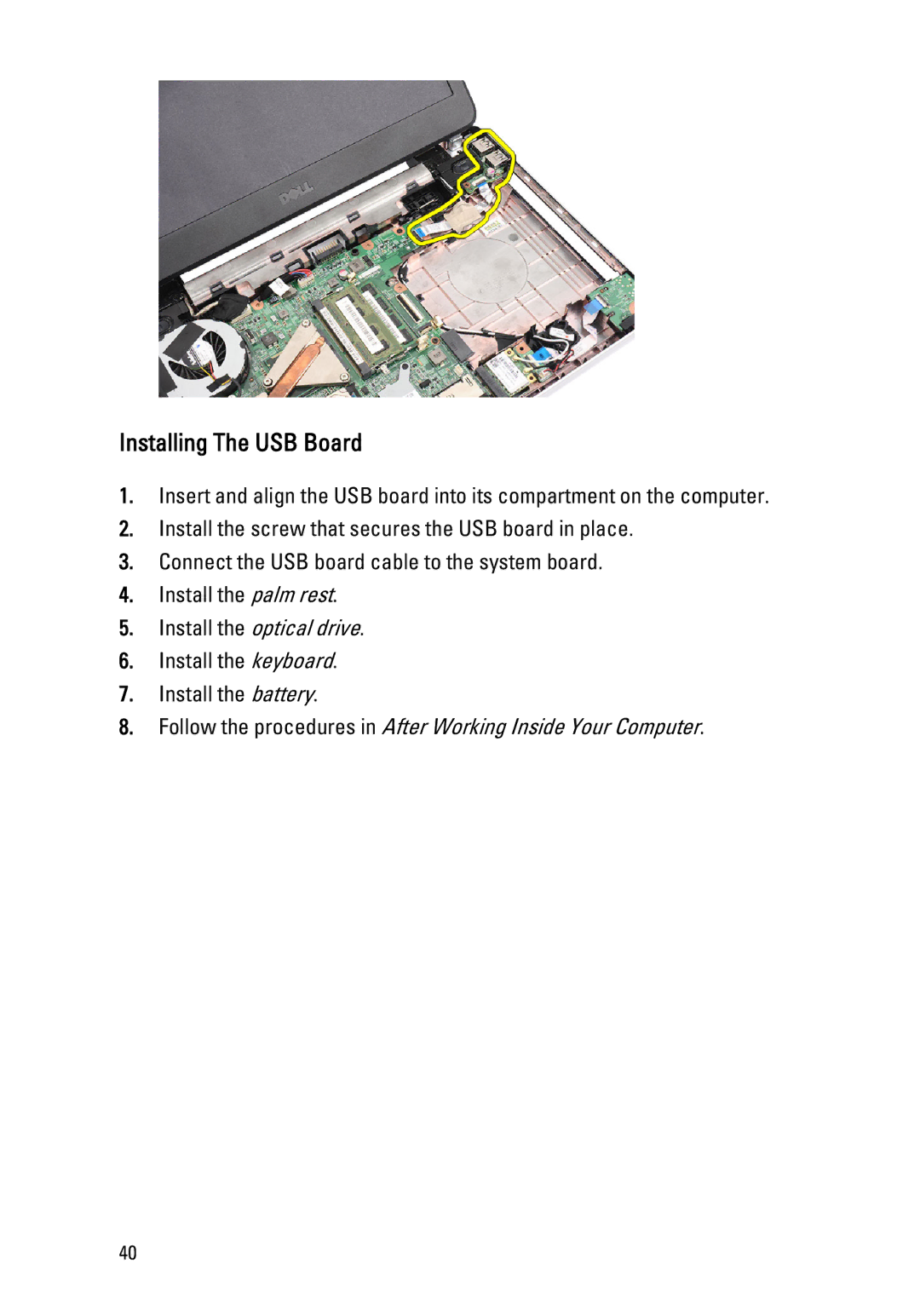 Dell 1450, 1440 owner manual Installing The USB Board 