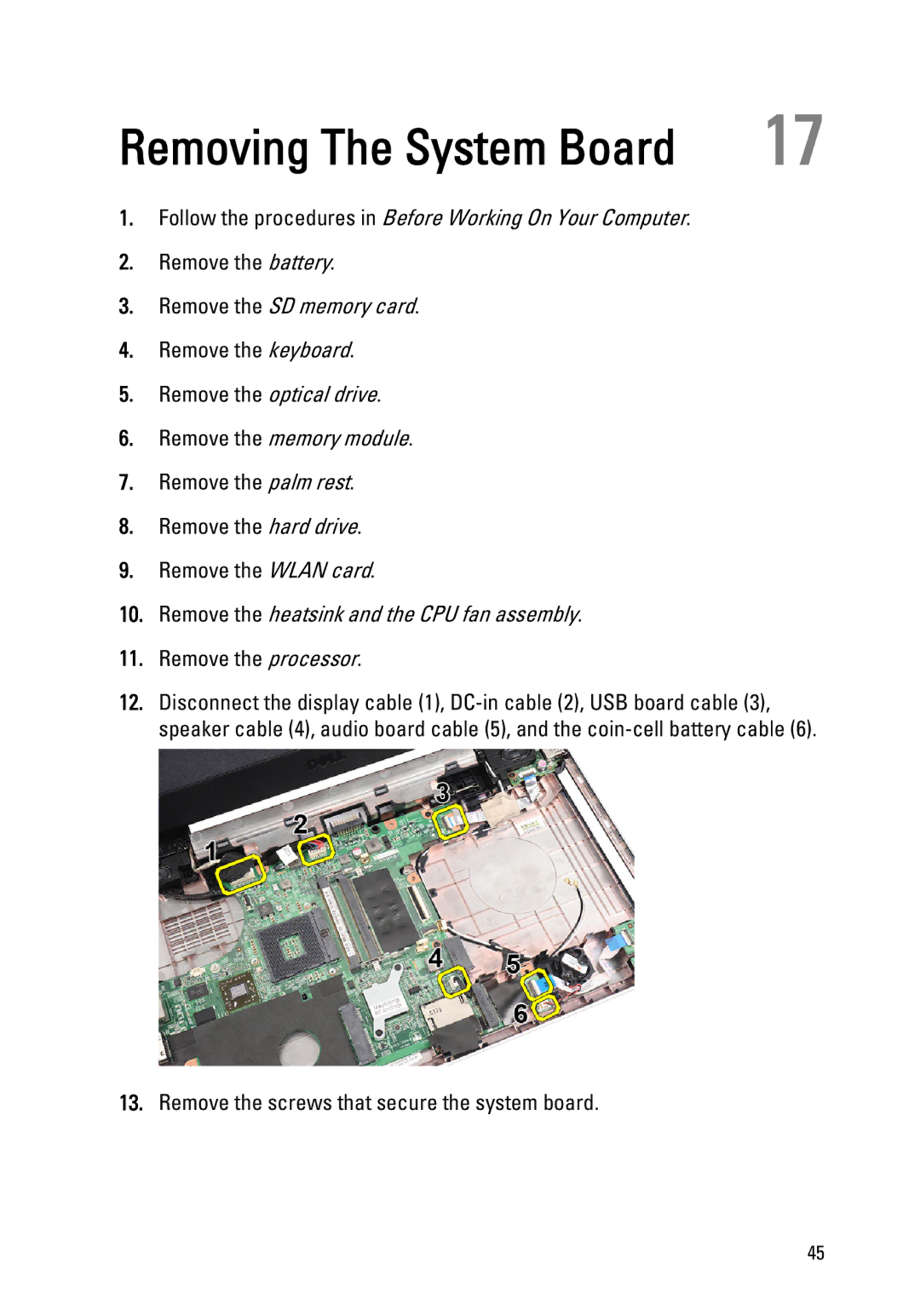 Dell 1440, 1450 owner manual Removing The System Board 