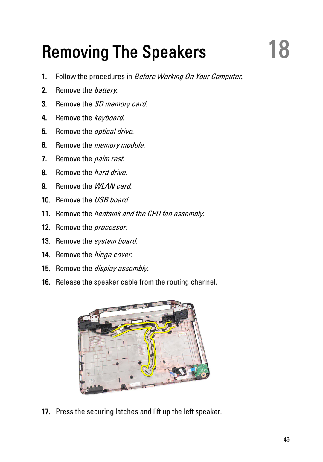 Dell 1440, 1450 owner manual Removing The Speakers, Remove the display assembly 