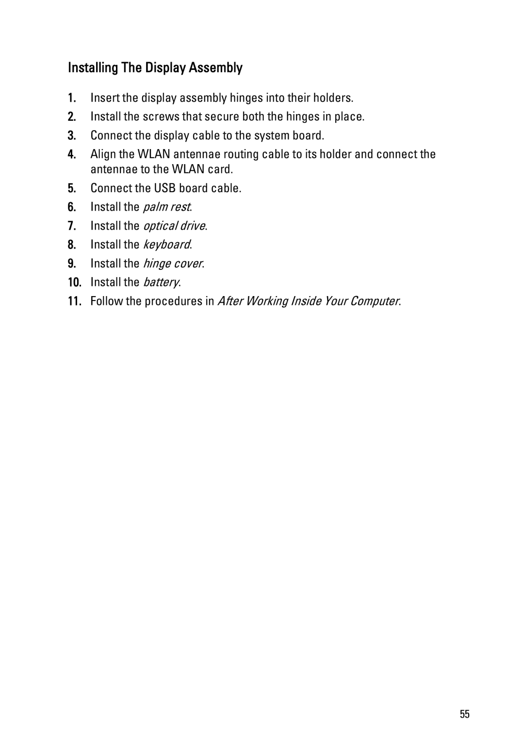 Dell 1440, 1450 owner manual Installing The Display Assembly 