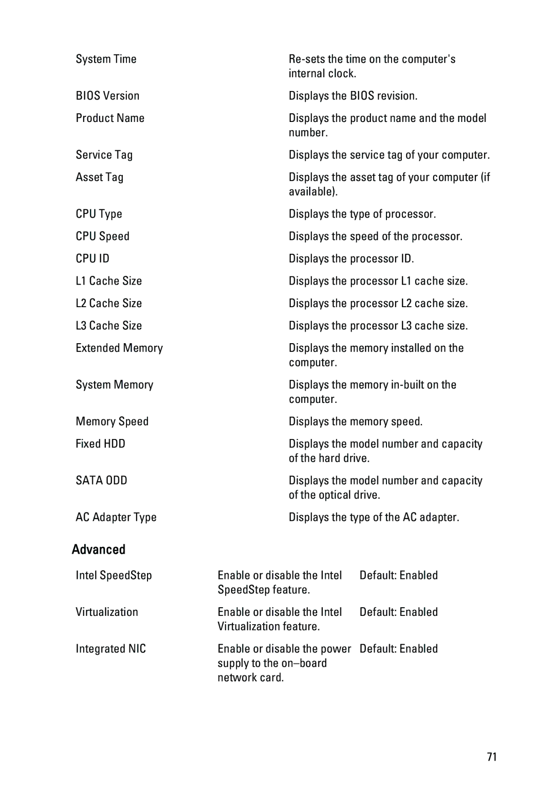 Dell 1440, 1450 owner manual Advanced, Cpu Id 