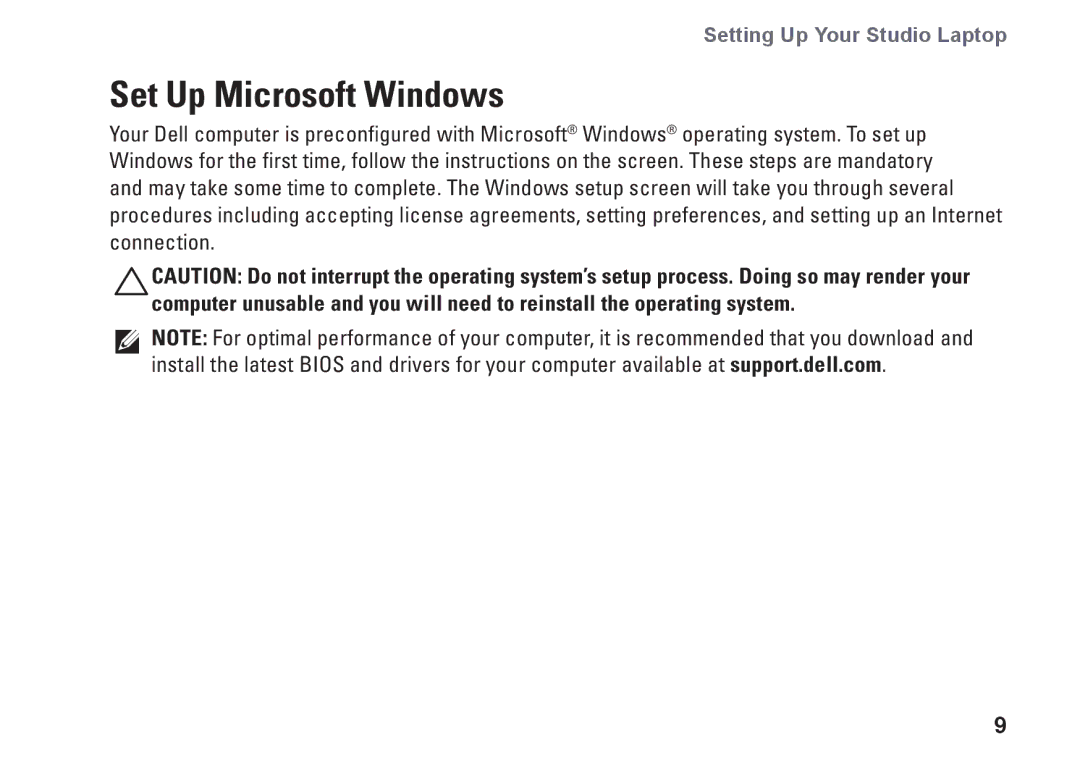 Dell 1450, 1457, 1458, P03G001, 0KWJH0A01 setup guide Set Up Microsoft Windows 