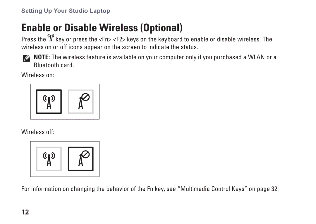 Dell 1450, 1457, 1458, P03G001, 0KWJH0A01 setup guide Enable or Disable Wireless Optional 