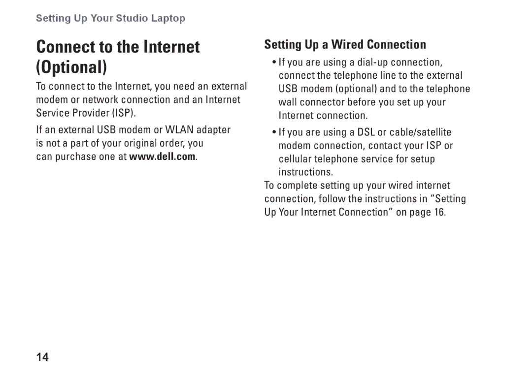 Dell 1458, 1450, 1457, P03G001, 0KWJH0A01 setup guide Connect to the Internet Optional, Setting Up a Wired Connection 