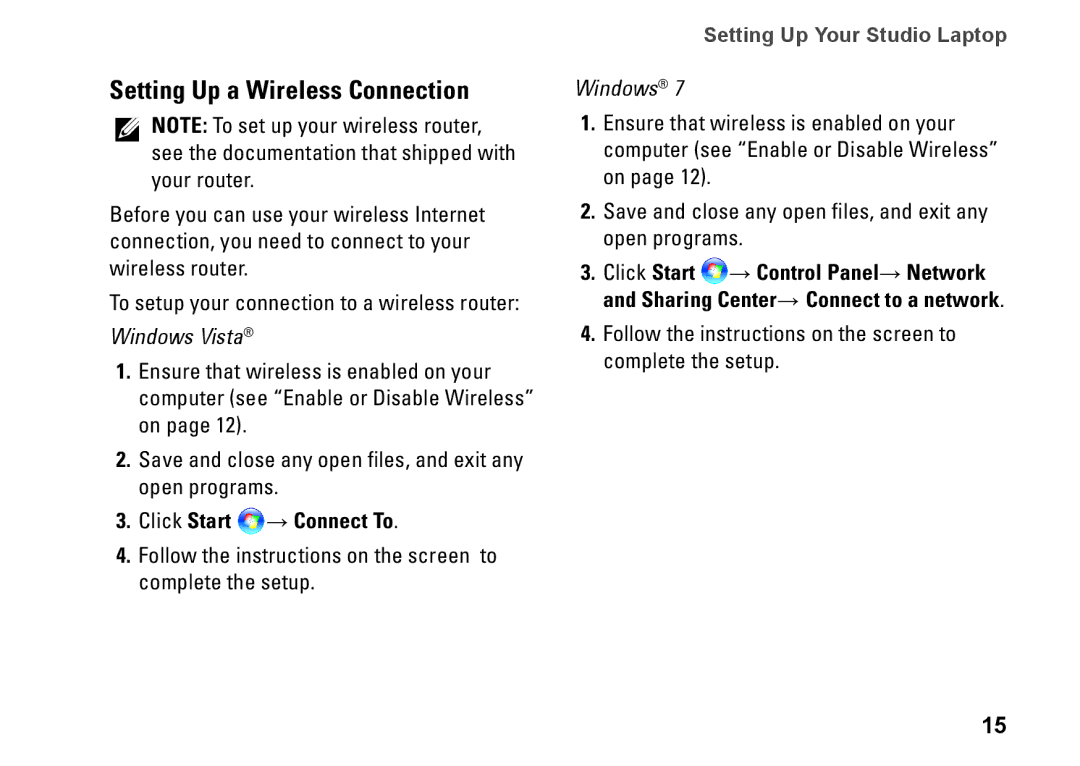 Dell P03G001, 1450, 1457, 1458, 0KWJH0A01 setup guide Setting Up a Wireless Connection, Click Start → Connect To 