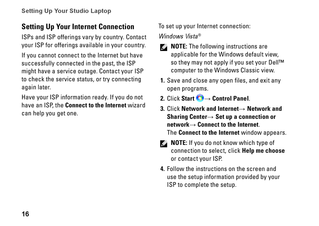 Dell P03G, 1450 Setting Up Your Internet Connection, Click Start → Control Panel, Connect to the Internet window appears 